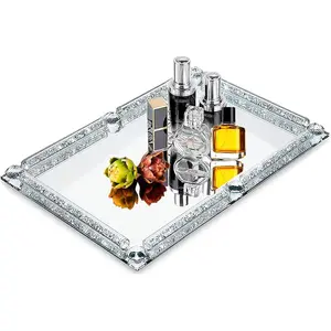 Crystal Glass Tray, Modern Mirror Jewelry Dresser Trinket Trays with Crushed Diamond, 11.8" x 7.9"Rectangular Makeup Perfume Tray for Bathroom Bedroom, Home Decor, Hotel Banquet, Party(Silver)