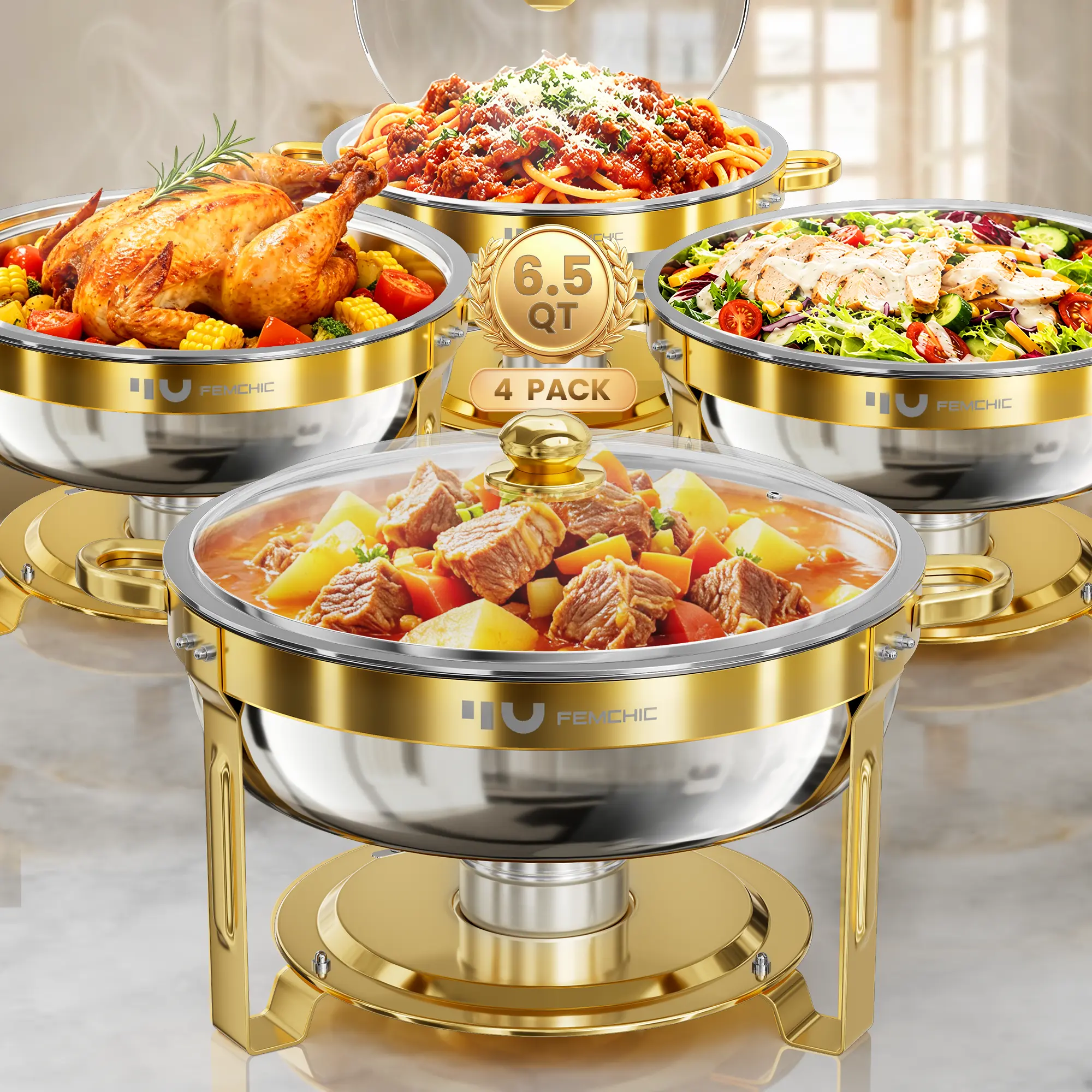 Femchic 6.5QT Chafing Dishes for Buffet, 2/4 Pack Stainless Steel Round Chafer Set with Glass Lid, Stackable & Smooth Rim, Dishwasher Safe, for Catering, Parties, Weddings & Holiday Gatherings (Gold or Rose Gold)