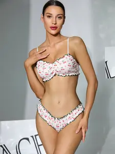 Women's Sweet Cherry Print Halter Top Bikini, Fresh Ruffle Edge, Summer Vacation Sexy Two-Piece Swimsuit, Trendy Beachwear