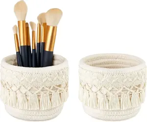 Macrame Makeup Brush Holder Organizer Comb Brushes Mini Storage Basket Set of 2 Boho Decor Baskets for Pen Pencil Box Container