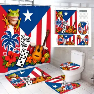 1/4pcs Puerto Rican Themed Bathroom Set - Shower Curtain Sets, Bath Mat, Toilet Seat Cover with Flag, Coquí Frog, Palm Trees, Hibiscus, Guitar, Maracas, Dominoes, Bananas, Perfect for Cinco de Mayo, National Puerto Rican Day Decor, Home Goods, Restroom