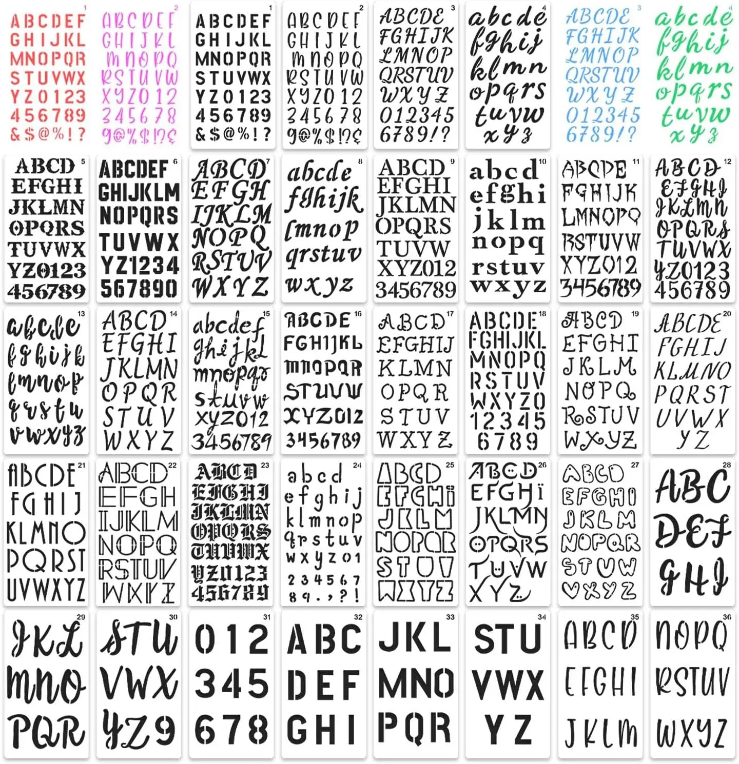 36-Count Plastic Letter Stencils Kit - 4x7 in, 0.25mm Thick, Elegant Font Variety, Easy-to-Use Painting Tool for Flat Surface DIY Artists, Office/School Stationery