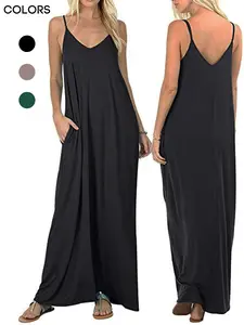 Women's Loose Fit Sleepwear Dress, Plain Color Backless Strap Design, Sexy & Casual Wearable, Pocketed Style