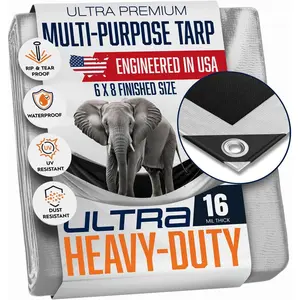 6x8 Ultra Heavy Duty Tarp, Extra Thick 16 Mil, , Grommets Every 18 Inches -  Plastic Poly Tarpaulin - (Reversible,  and Black) (6' x 8')