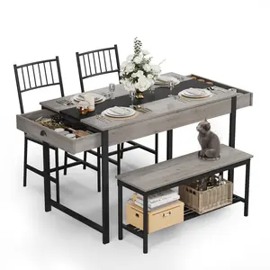 Garvee Dining Table Set for 4, Small Kitchen Table and 2 Chairs for 4 with Bench, Space Saving Kitchen Table Set with Storage Rack & Drawers, Breakfast Nook Rectangular Farmhouse Table Set, Grey