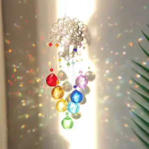 1pc New 7 Chakra Life Tree Colorful Ball Prism Crystal Rainbow Suncatcher for Home Garden Car Hanging Decor, Cultural Home Decorations