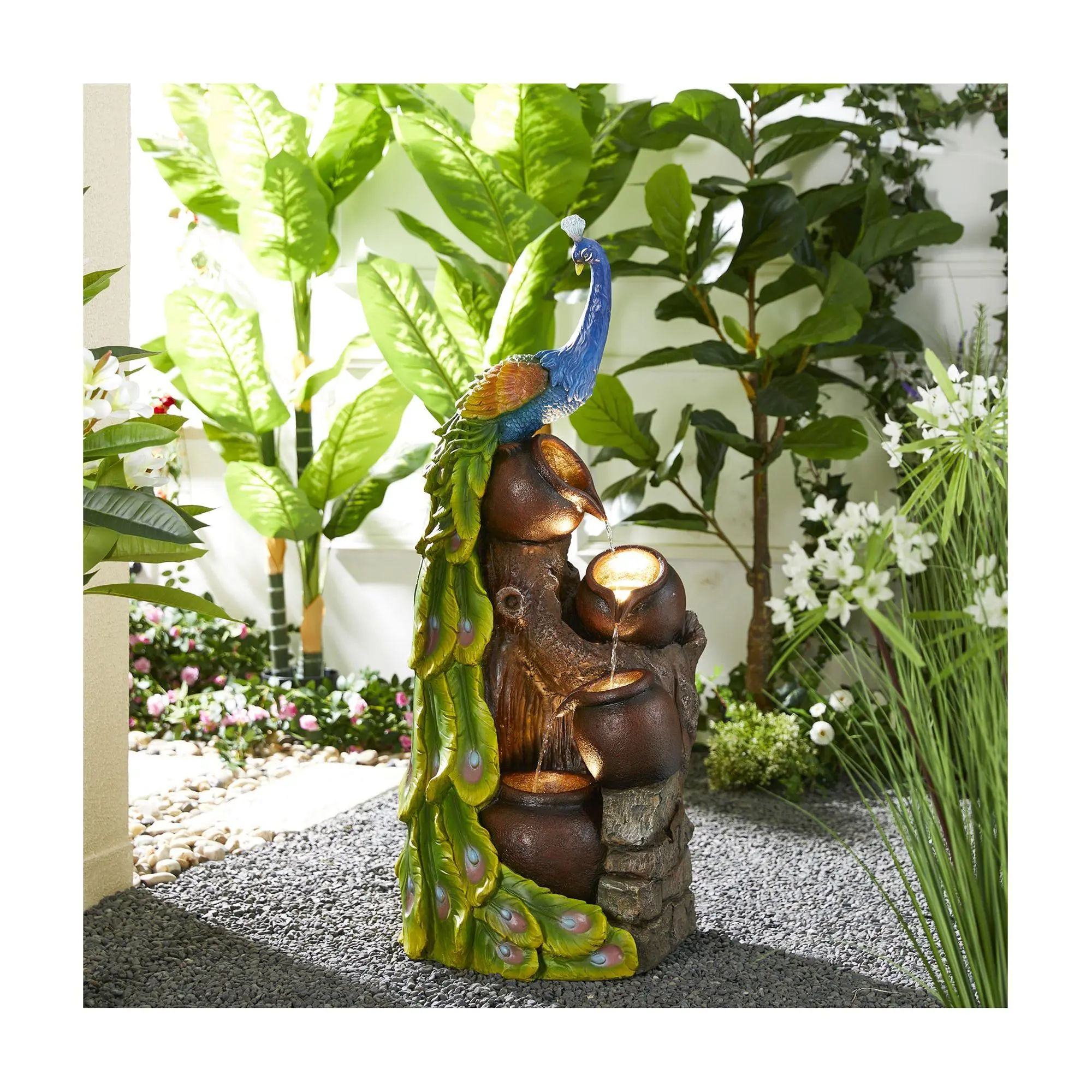 Glitzhome 40"H LED Lit 4-Tiered Peacock OutdoorFountain