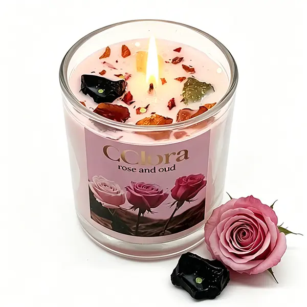 CClora Rose & Oud Luxury Fragrance Perfume Candle - 9oz Woody Scented Crystal Energy Home Decor Candle for Women, Self-Care Emotional Support, Mother’s Day/Birthday Gifts (40h Burn Time)