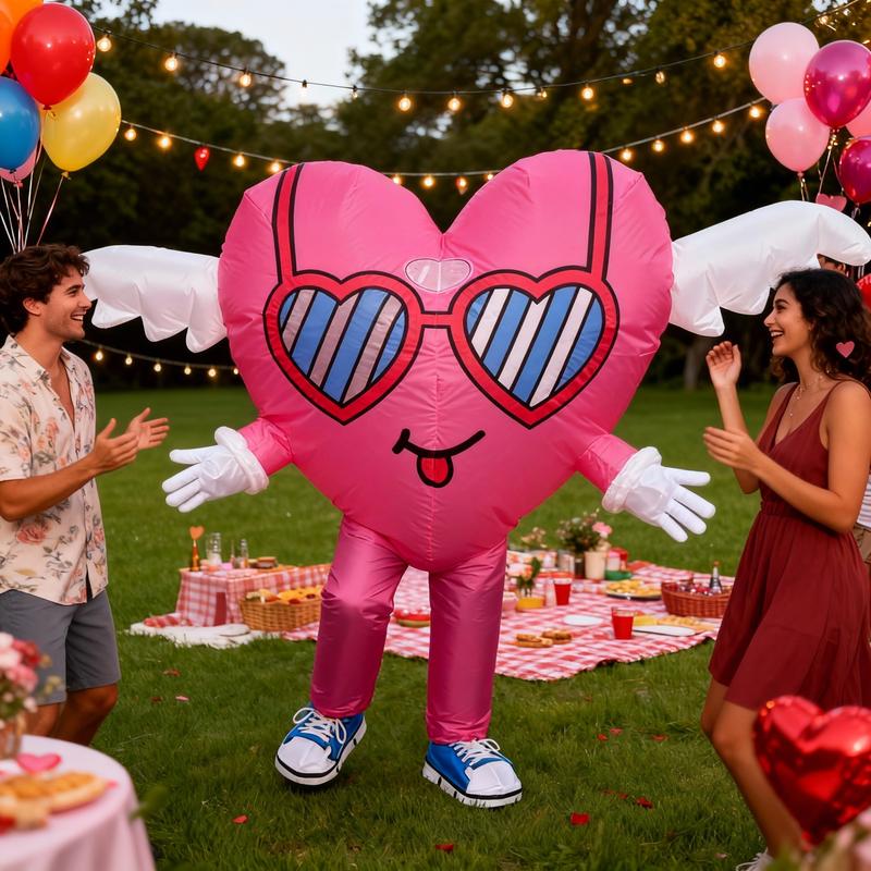 Adult Pink Heart-shaped Inflatable Costume with Built-in Fan Polyester Full-Body Outfit for Valentine's Day Wedding Anniversary Mother's Day Father's Day Birthday Fits 155-180cm Clothes Womenswear