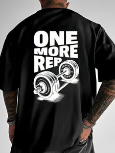 Men's "One More Rep" Gym T-Shirt, Weightlifting Barbell Graphic Short Sleeve Crew Neck Tee