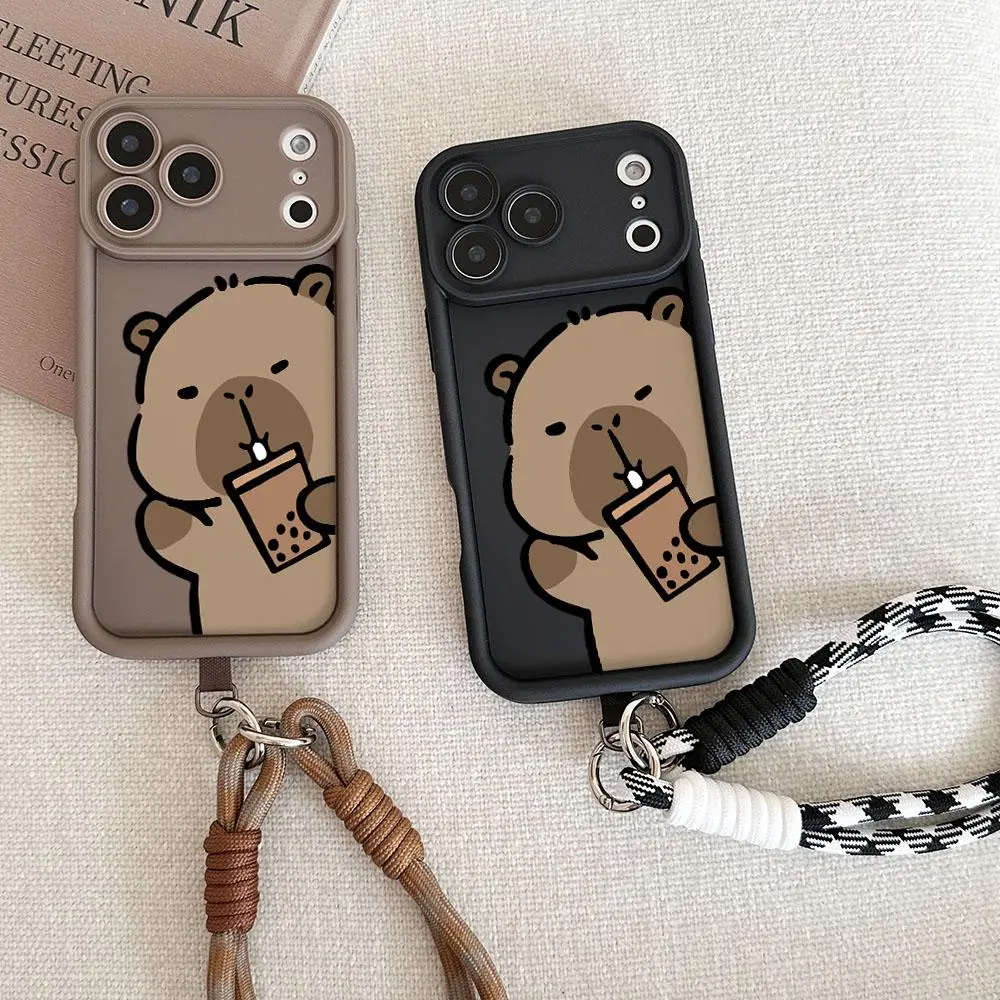 Cute Capybara Wrist Chain Phone Case for iPhone 17 16 15 14 13 12 11 Pro MAX XS Max XR 7 8 Plus Air Hand Strap Lanyard Cover