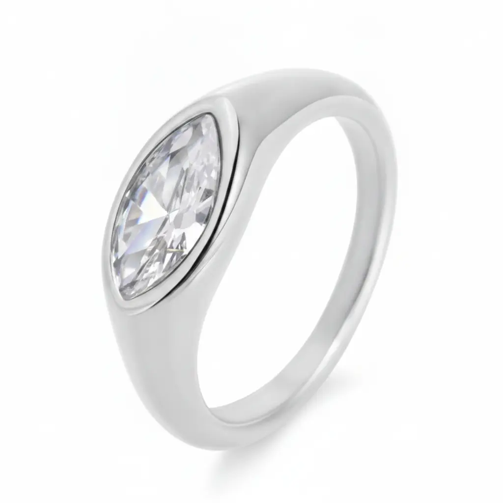 Silver-Tone Steel Marquise Bezel Ring with Clear Faceted Stone, Minimalist Modern Statement Band for Women, Sleek Everyday Fashion Jewelry