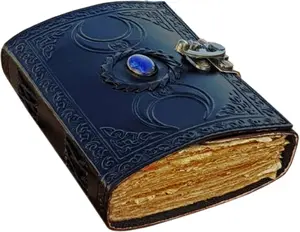 Leather Journal Semi Precious Celtic  Stone Triple Moon Design-Lock Closure, 200 Antique Deckle Edge Paper Blank Spell Book of Shadows Leather Bound Embossed Notebook, Grimoire Journal,  Journal for Men , Witchy Gifts Pagan  Decor  Gifts