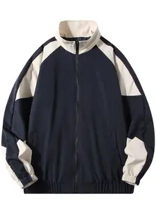 Men's Colorblock Zipper Jacket, Spring & Fall Fashion College Style Loose Fit with Pockets, Streetwear Outdoor Sports Coat