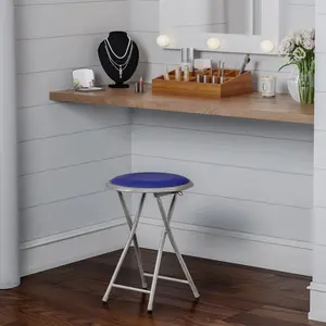 18 Inch Collapsible Padded Bar Stools Portable Foldable Chair Backless Round Stool with 225lb Capacity for Bedrooms, Home Game Room Camping(Blue)