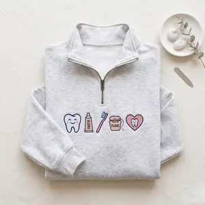 Dental Quarter Zip Embroidered, Dentist Shirt, Cute Tooth Brush Floss Crewneck, Dental Hygienist Gift, Clinic Nurse Outfit