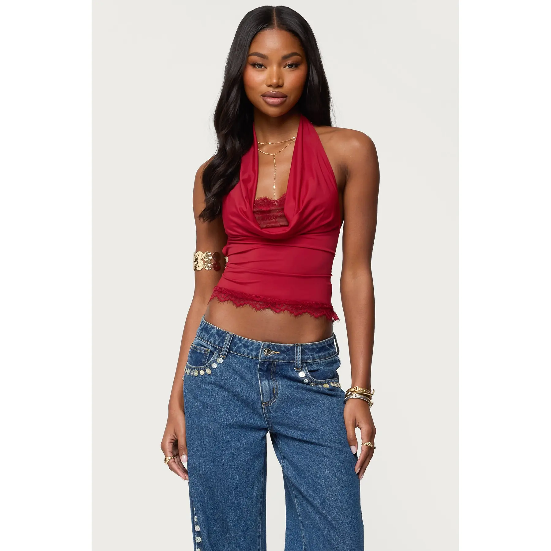 Layered Lacey Cowl Neck Halter Top
