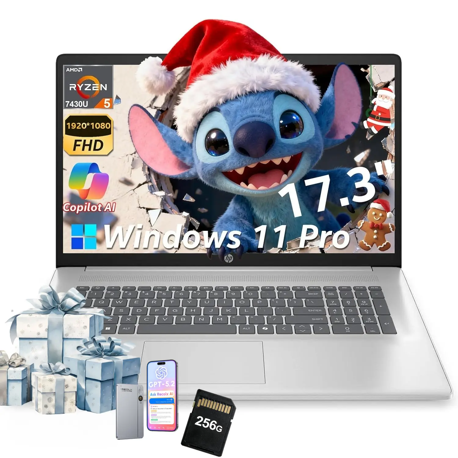 HP 17-inch Laptop for Business and Student -  Windows 11 Pro, Wi-Fi 6, up to 32GB RAM, 512GB SSD, AMD Ryzen 5 7430U, Fast Charge, 17.3” FHD Anti-Glare Display,Bundle Accessory