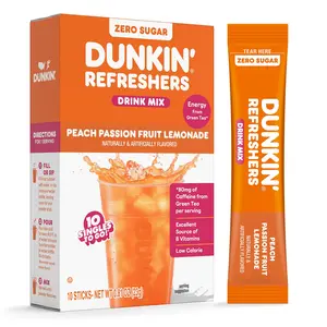 Dunkin Zero Sugar Refreshers Drink Mix Packets Peach Passionfruit Lemonade 10 Sticks Green Tea Energy Water Enhancer Aspartame Free