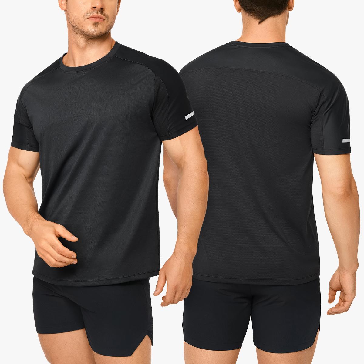 Nebility Men's Workout Shirts Quick Dry Moisture Wicking with Reflective Strips Lightweight Mesh Athletic Tees Comfortable Slim Round Neck for Running Gym Training Summer