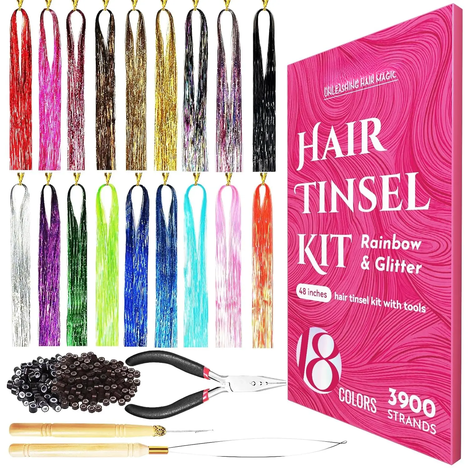 18-Color Hair Tinsel Kit, 48-Inch Sparkling Heat-Resistant Polyester Strands, Fairy Hair Extensions Set with Tools & Beads for Women & Girls, Ideal for Parties & Milestone Occasions