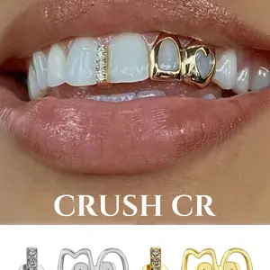 CRUSH CR 1pc/2pcs 14K Gold Plated Gold and silver hollow double-heart-shaped dental braces - stylish gold-plated dental braces, suitable for both men and women, as a daily hip-hop accessory Heart Shaped Brackets
