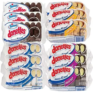 Hostess Donettes Variety | Powdered, Frosted, Double Chocolate, and Crunch | 12 Packs (72 Donettes)