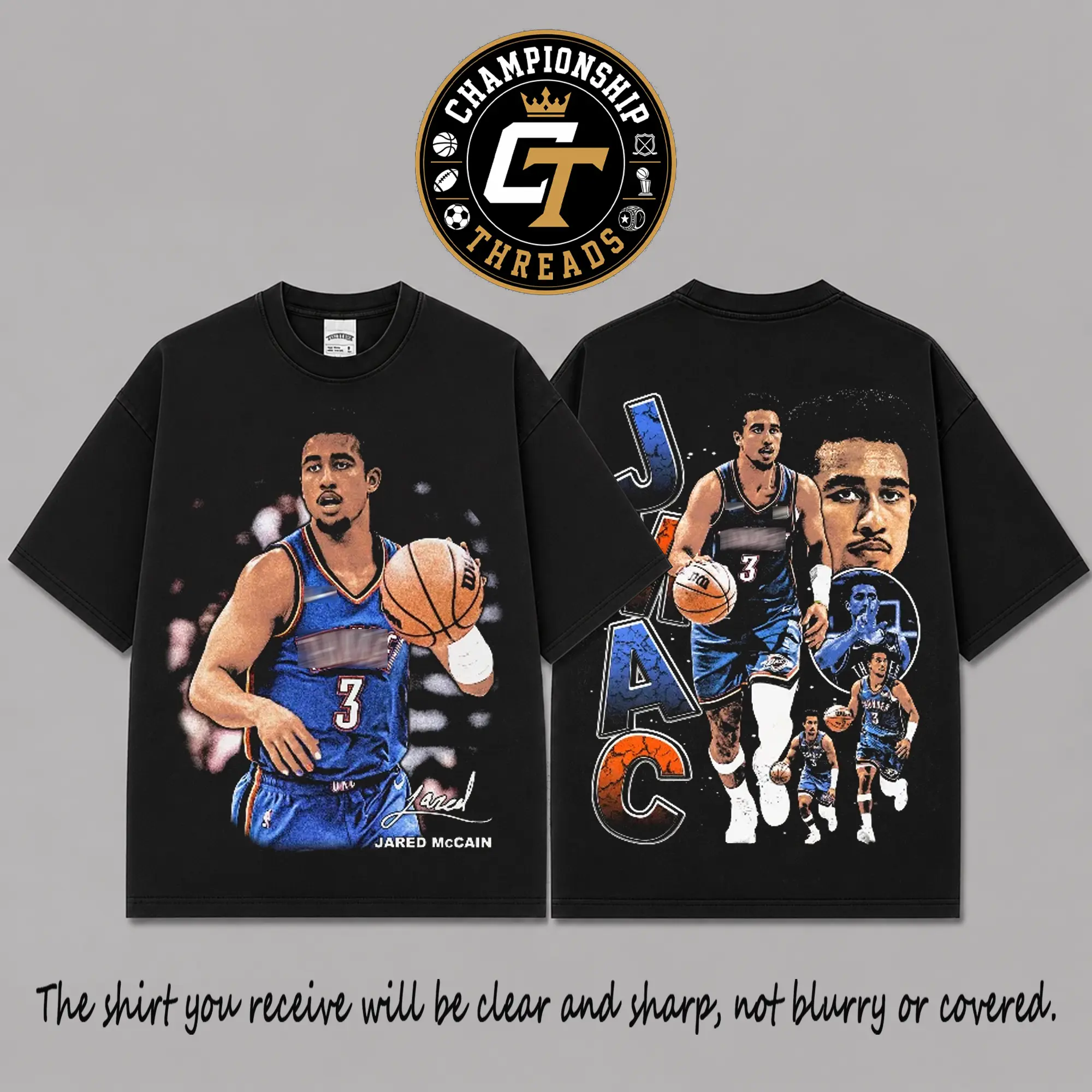 Jared McCain #3 Premium Cotton T-Shirt, Basketball Portrait Collage Graphic Tee, Rising Star Vintage Oversized Streetwear Shirt, Game Day Fan Apparel, Gift for McCain Fans