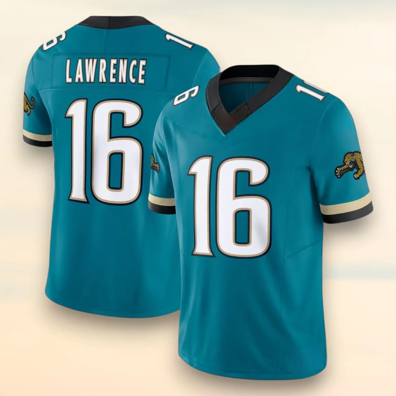 Men's Lawrence #16 Football Graphic Jersey Shirt, Jacksonville Teal/White/Black Full Print Athletic V Neck Short Sleeve Sports Top, Unisex Game Day Fan Apparel, Breathable Casual Performance Tee for Football Lovers, Stadium Outfit and Sports Gift
