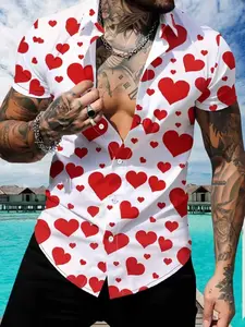 Men's Heart Print Shirt Summer Beach Tropical Vacation Short Sleeve Casual Fitted Couple Fashion Trendy All Seasons