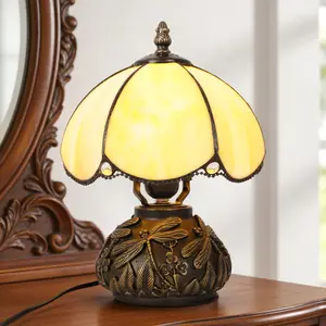 11" Tiffany Style Beige Glass Table Lamp | Dragonfly Embossed Resin Base Warm Light
