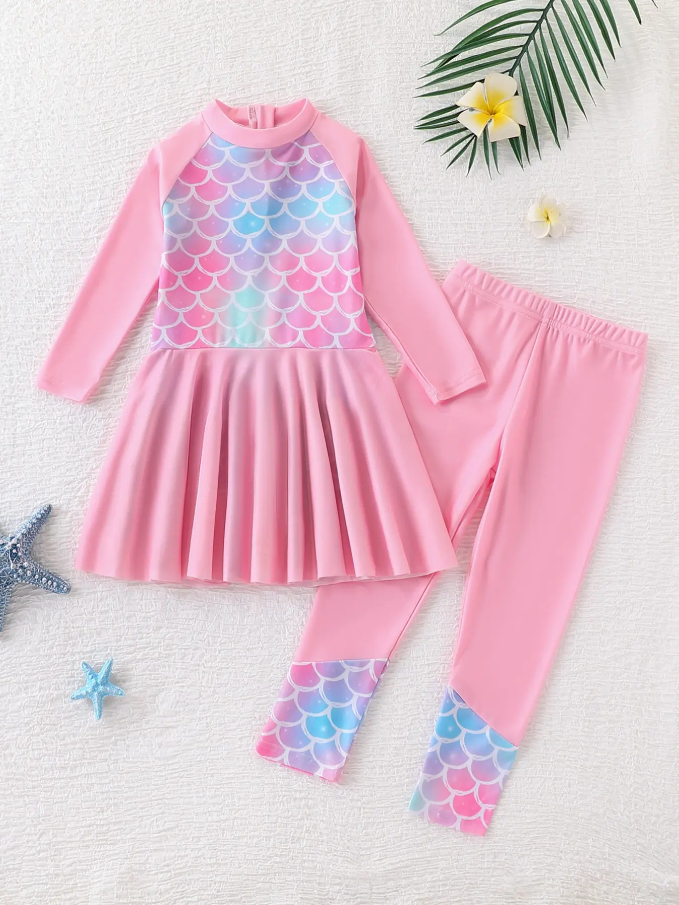 Girls Mermaid Scale Print Swimsuit Set, Mermaid Beachwear, Long Sleeve Dress Top & Long Pants, Soft High Stretch Quick Dry, Beach Pool Swimwear, Summer Swimwear, Swim Kit, Toddler Girls Swimsuit