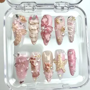 S21 Luxury Seashell Fantasy Press-On Nails, 3D Starfish, Shells, Pearls, Pink Nude, Custom Press-On Nail, Summer, Beach Party, Solana Nails Town