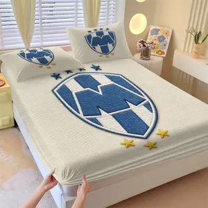 Rayados de Monterrey Embroidered Fitted Sheet Set, 1 Fitted Sheet and 2 Pillowcases, Beige Waffle Texture, Blue White Shield Design, Soft Easy Wash, Mexican Football Style Bedroom Decor, Gift Choic
