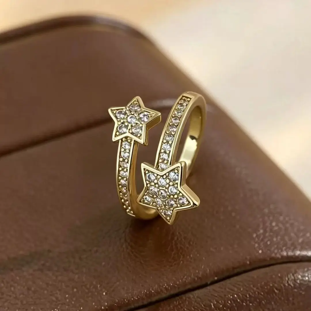 Trendy Double Star Open for Women, Sparkling -Tone Celestial Y2K Statement , Cute Party Jewelry Gift queen date Moissanite Cuban Link gf Adjustable nugget Sterling Silver Sapphire Promise marquise toe cathedral setting art deco opal ss wedding se rings me