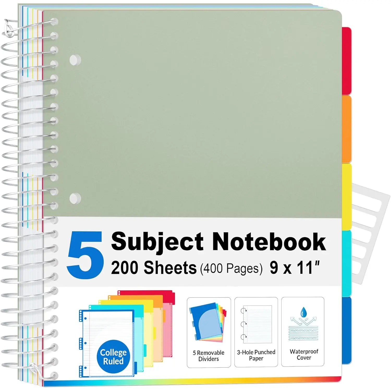5 Subject Notebook College Ruled - 400 Pages, 9"x11", 5 Pocket Colored Dividers, 3-Hole Punched Paper, Sage Green