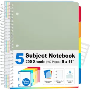 5 Subject Notebook College Ruled - 400 Pages, 9"x11", 5 Pocket Colored Dividers, 3-Hole Punched Paper, Sage Green