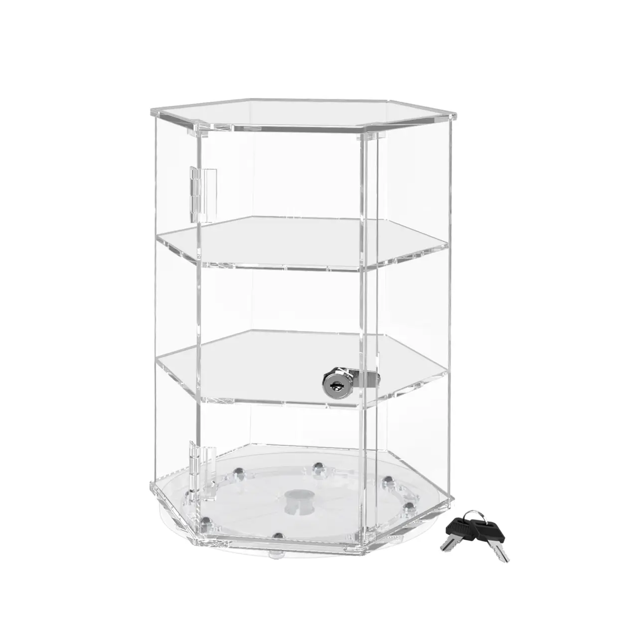 Spinning Acrylic Cabinet 12" High Clear Locking Case with 2 Shelves Hexagon Shape Countertop Retail Display 2 Keys Included for Bakeries Gift Shops Galleries and Museums by 321 Plastics