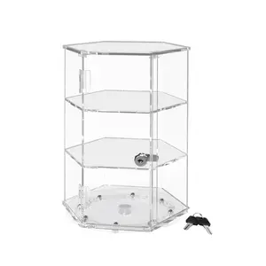 Spinning Acrylic Cabinet 12" High Clear Locking Case with 2 Shelves Hexagon Shape Countertop Retail Display 2 Keys Included for Bakeries Gift Shops Galleries and Museums by 321 Plastics