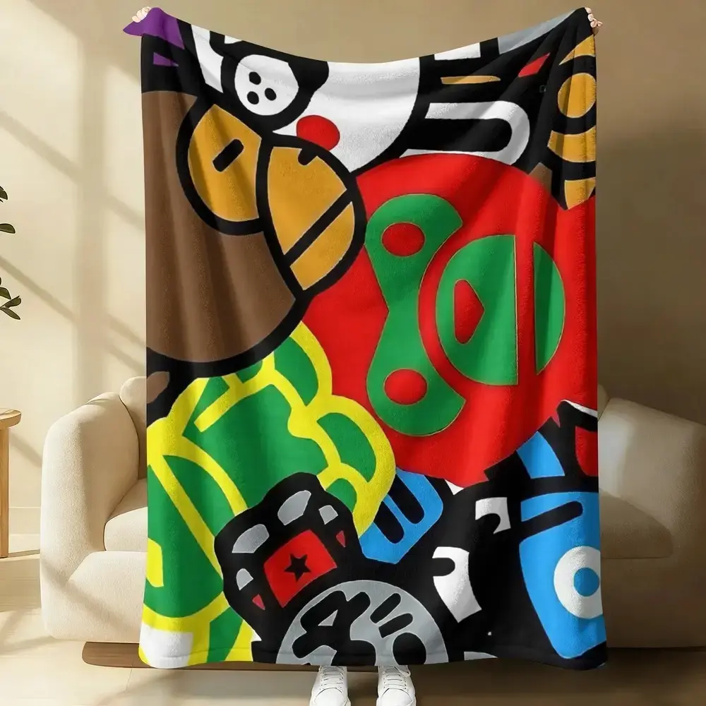 Colorful Monkey Themed Character Collage Flannel Blanket - Lightweight Warm Plush American Blanket for Teens' Couch, Bed, Living Room Chair ( Conditioned Use), Blankets