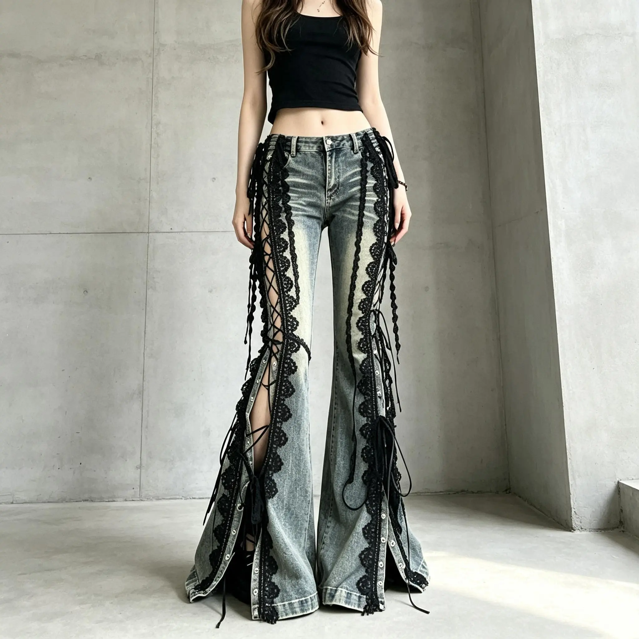 Women's Flared Jeans Y2K Vintage Faded Lace Trim Side Jeans Casual Everyday Street Style