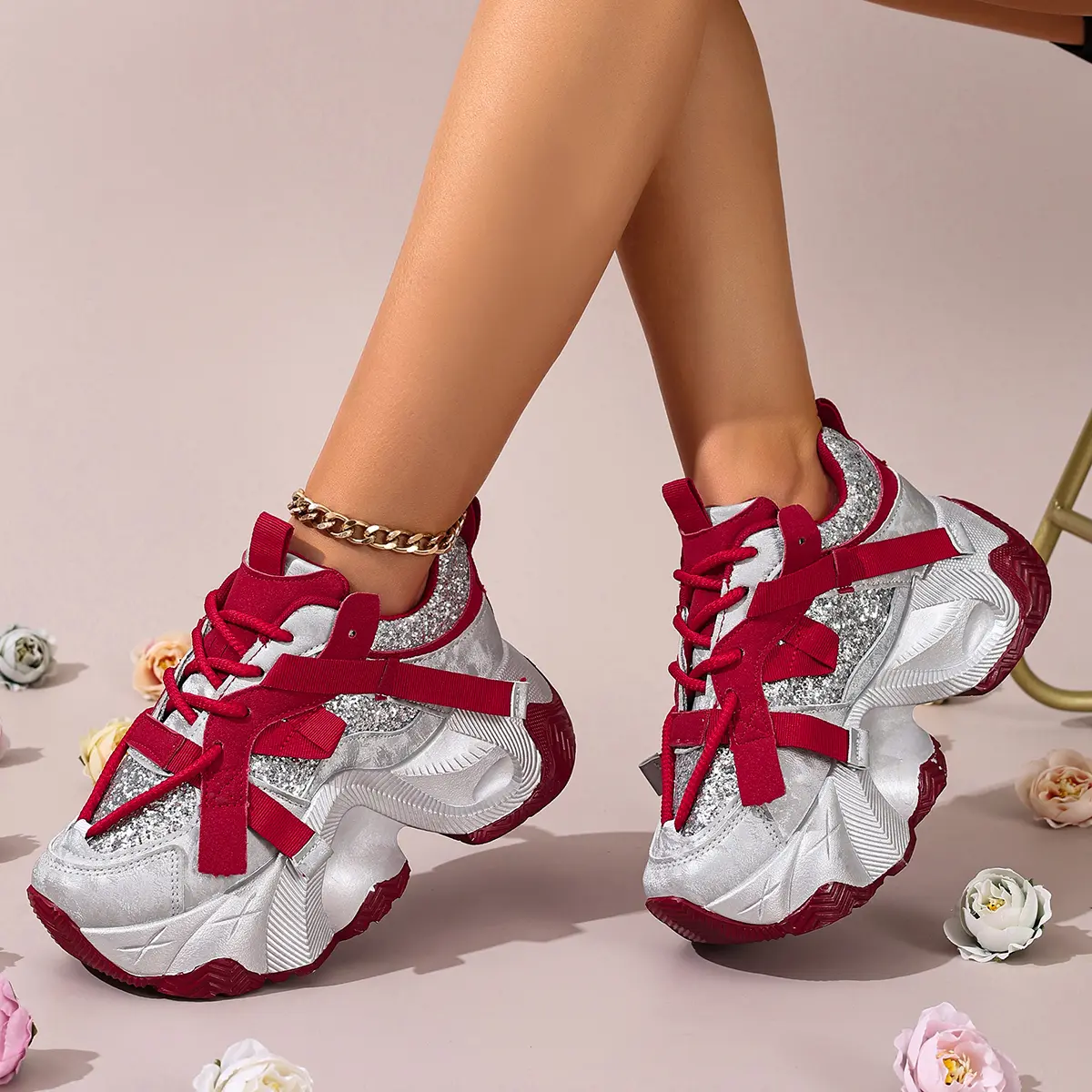 AOPLUS Womens Metallic Silver Chunky Sneakers Red Dad Shoes. Cyber Y2K Futuristic Streetwear. Wide Toe Box Standing All Day Comfort Foot Pain Relief. Anti Slip Thick Sole Platform Casual Ladies Walking Footwear