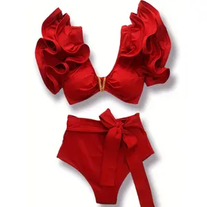 2024 New Heavy-Duty Pleated Ruffled Bikini Swimsuit for Women, Solid Color with Tie-Up Separate Bikini, Popular on Instagram women's swimsuits