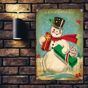 Antique Snowman Christmas Metal Sign - Painted Metal Wall Hanging Decoration, 12x8 Inch, Vintage Holiday Yard Sign, Suitable For Home, Living Room, Winter Party, Outdoor Christmas Decoration, Chinese Text, Pre-Drilled, Multi-Purpose, Ideal Gift For F