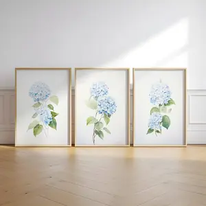 Blue Hydrangea, Watercolor Painting, Minimalist Wall Decor, Nursery wall art, Blue Floral Art, Set of 3 Unframed Poster