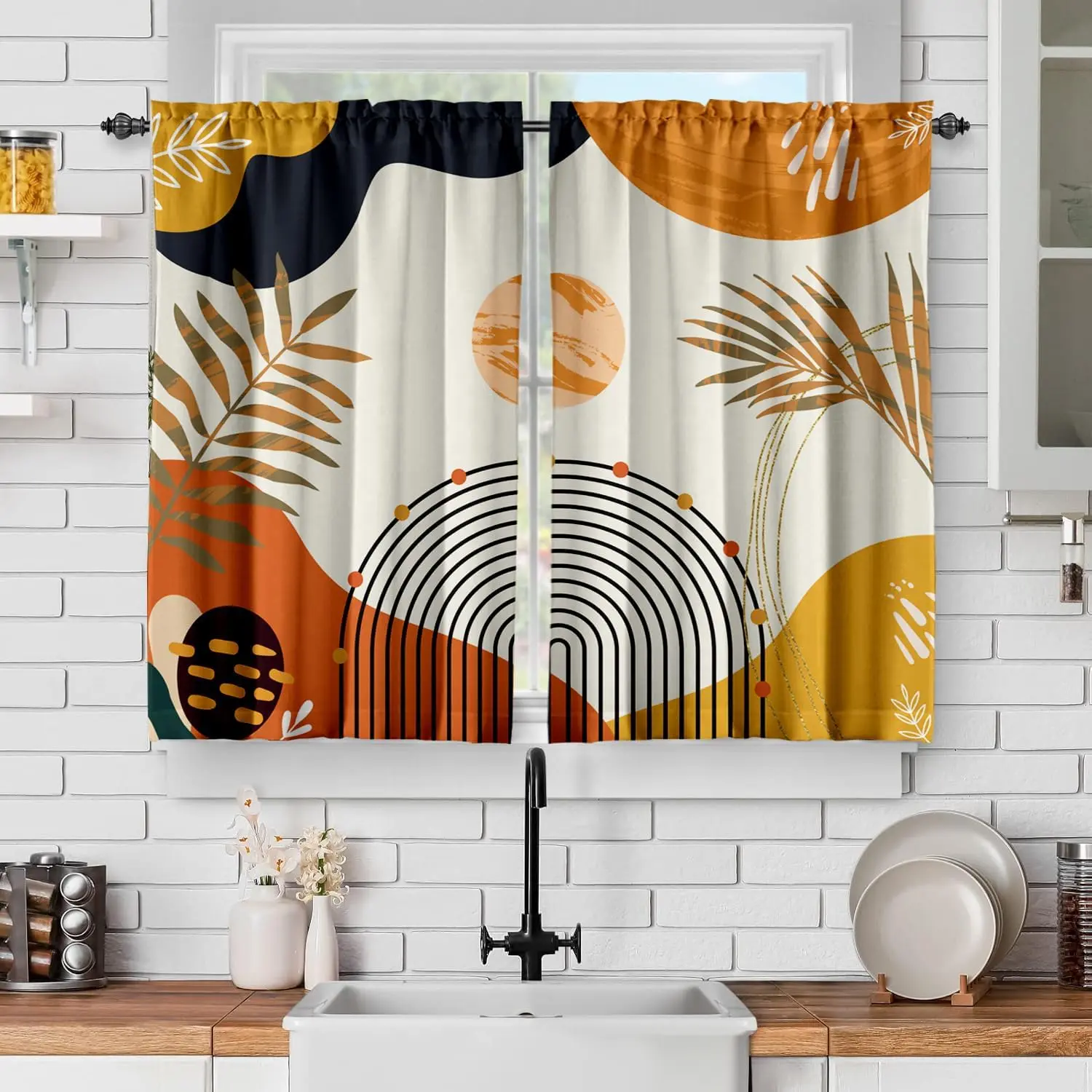 Orange Curtains, 39-Inch Mid-Century Boho Cafe Drapes with Abstract Leaves Rainbow Geometric Prints, 2-Panel Small Window Curtains for Kitchen, Living Room