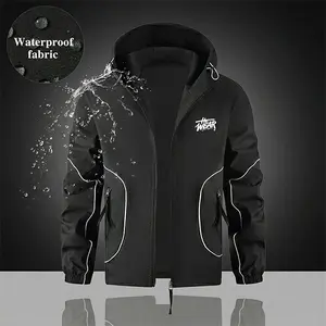 Men’s 100% polyester solid-color lightweight hooded jacket with side stripe design—regular fit, long sleeves, zipper, drawstring, pockets; suitable for sports, running, and autumn outfits.