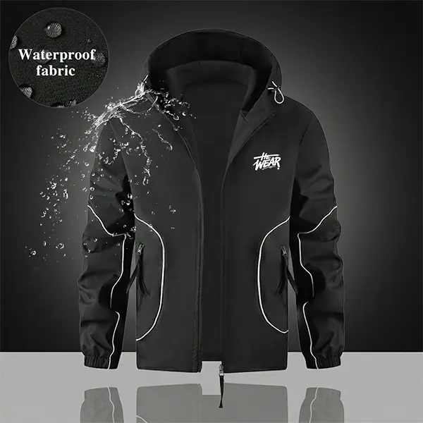 Men’s 100% polyester solid-color lightweight hooded jacket with side stripe design—regular fit, long sleeves, zipper, drawstring, pockets; suitable for sports, running, and autumn outfits.