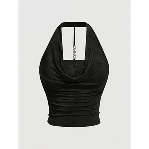 UrbanFit Women's Cowl Neck Halter Top, Fashionable Elegant Solid Knit Backless Polyester Fabric Tank Top for Women