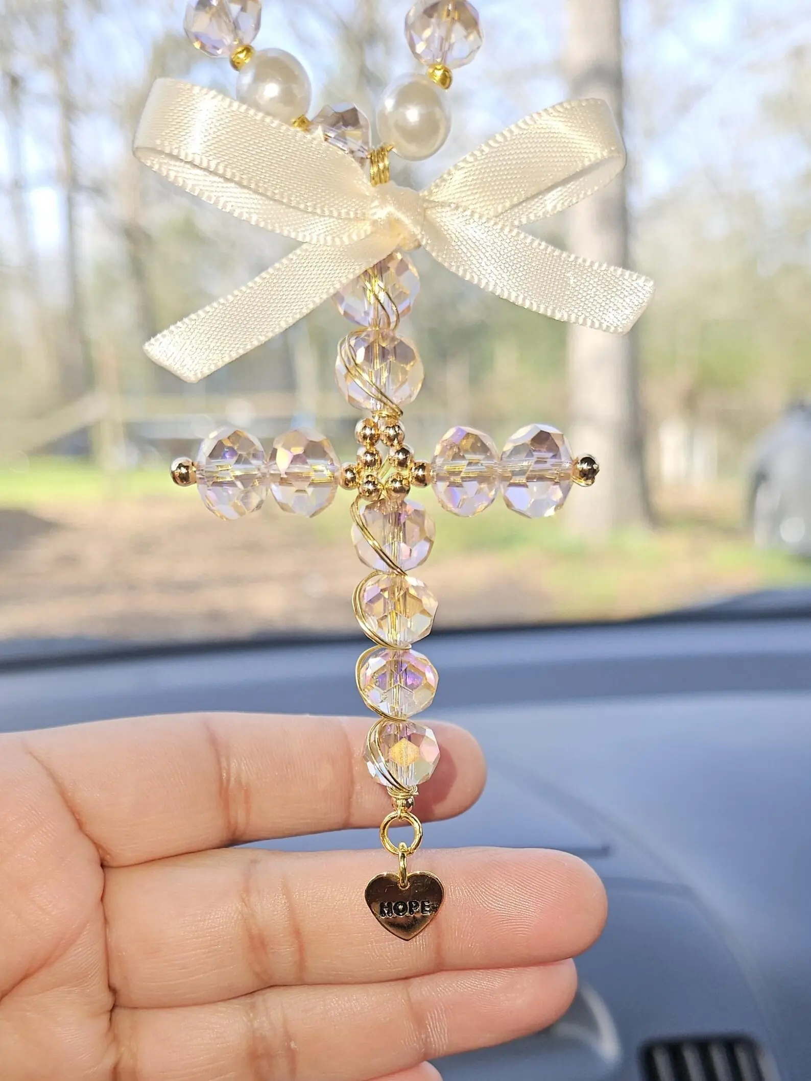 Cross Car Charm Pendant, Crystals Cross, Car Accessories, Car Rosary, Car Blessings, Religious Car decor